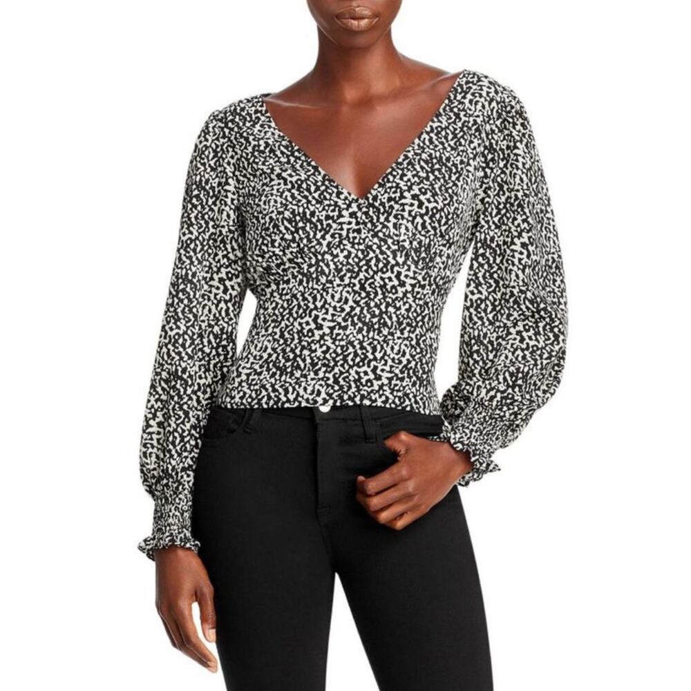 Lucy Paris Izzy Smocked Blouse Top Deep V-Neck, Black & White Print M|‎ Chic